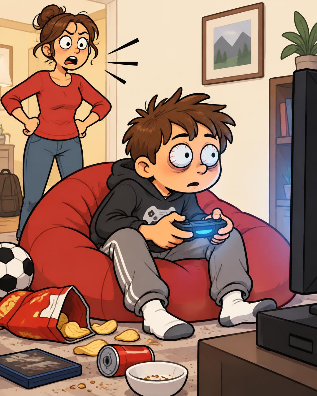 Illustration of a frazzled parent at home with an energetic child