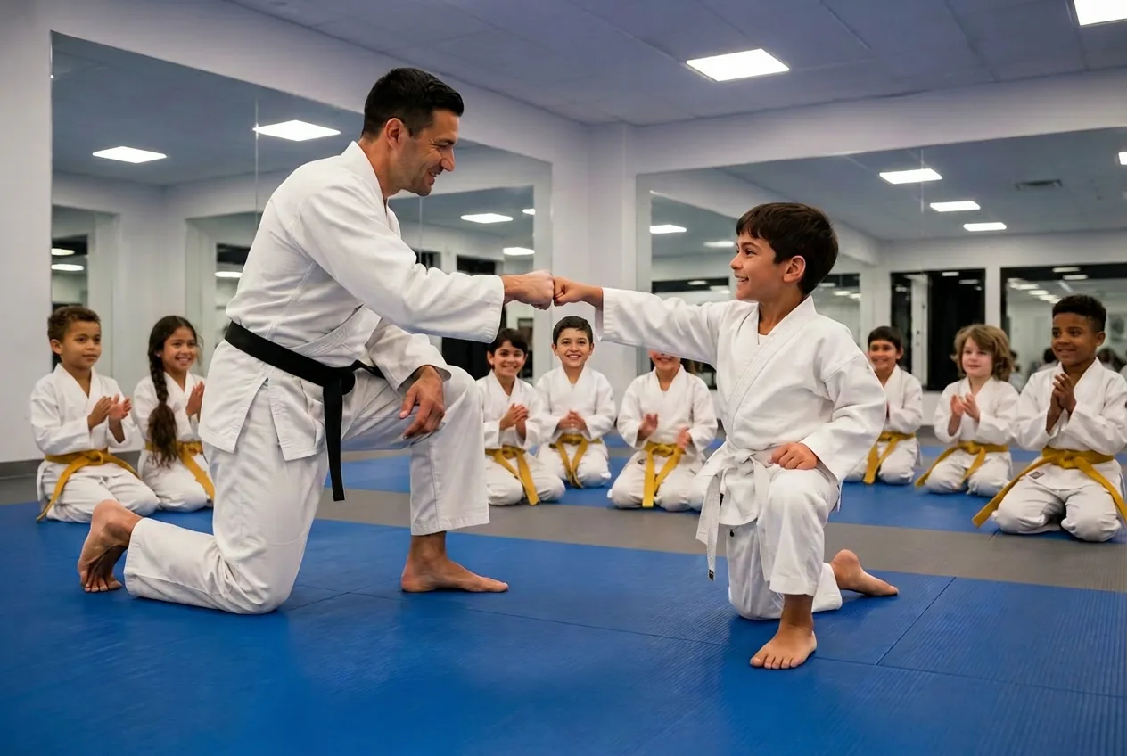 Students sharing a fist bump after class at Waverly Martial Arts in Patchogue